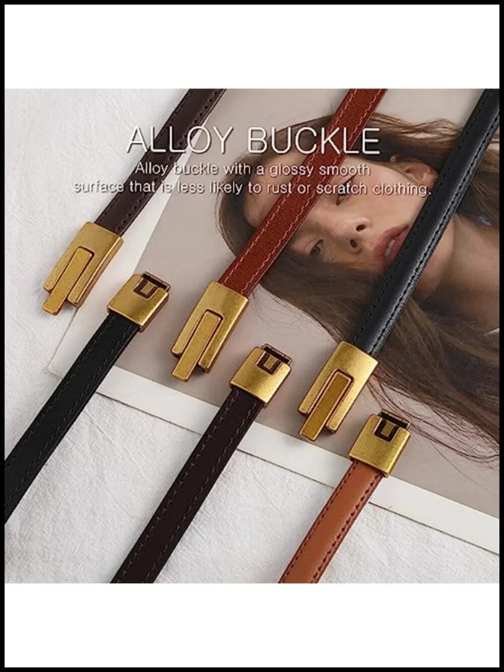 Women's Skinny Cowhide Leather Belt with Interlock Buckle for Dress Jeans Coat